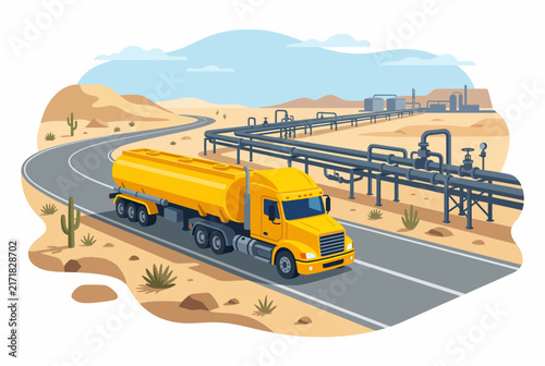 Petroleum Mining Operation and Oil Tanker Truck in Desert