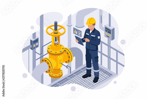 Isometric Engineer Monitoring Oil Wellhead Christmas Tree and Valves