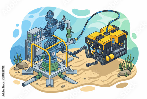 Subsea Oil Wellhead Christmas Tree and ROV Vector Illustration