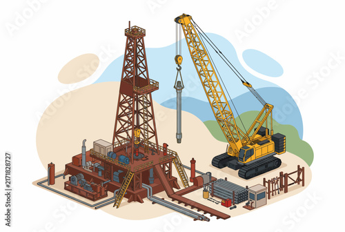 Isometric oil drilling rig and crawler crane on petroleum mining site