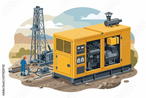 Petroleum mining operation with drilling rig and generator