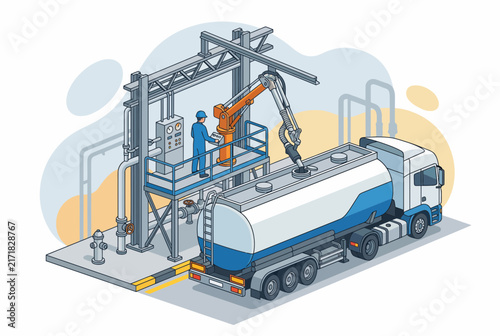 Isometric Petroleum Tanker Filling Station with Robotic Arm