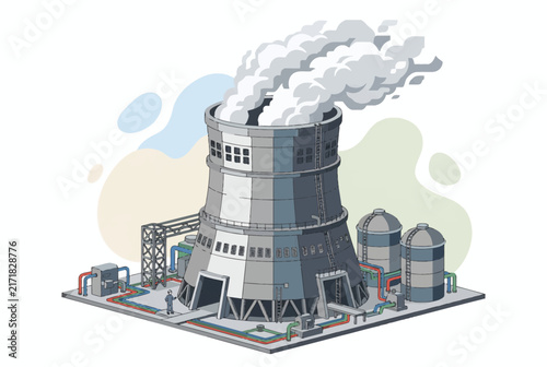 Industrial Power Plant Cooling Tower with Smoke and Storage Tanks
