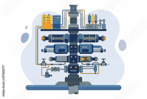 Oil Wellhead Christmas Tree and Petroleum Mining Operation Vector