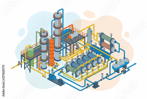 Isometric Oil Refinery and Petroleum Processing Plant Illustration