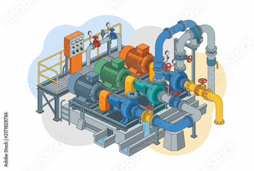 Isometric Petroleum Extraction Pump Station and Oil Wellhead