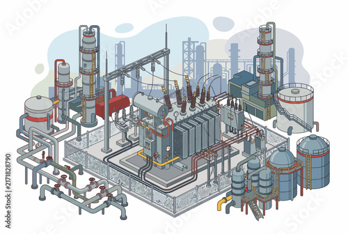 Isometric Petroleum Refinery and Oil Mining Operation Infrastructure