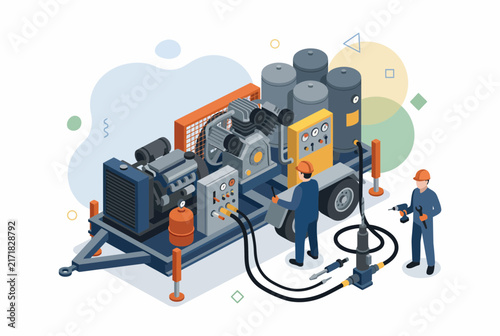 Isometric Petroleum Mining Operation with Workers and Equipment