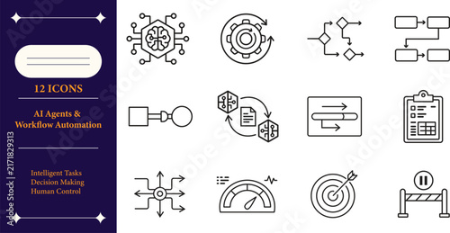 AI Agent and Intelligent Workflow Automation Outline Icon Set