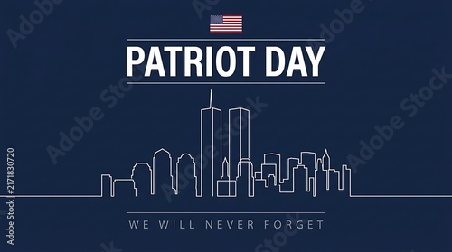 Patriot day remembrance outline of New York city skyline with the twin towers and American flag 9/11 tribute we will never forget.