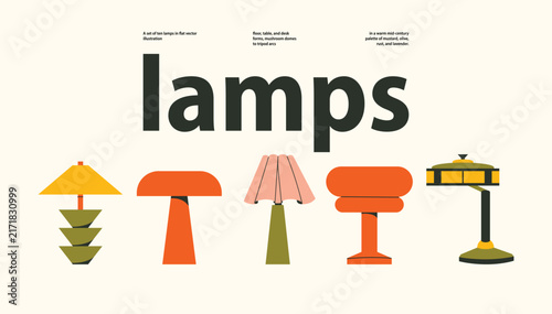 Mid Century Modern Lamps Set, Retro Table and Desk Lamp Flat Vector Illustration in Mustard Olive and Rust Palette