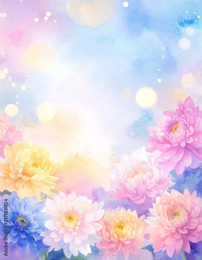 Fototapeta premium Pastel Watercolor Chrysanthemum Floral Background with Copy Space
