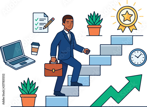 Career Growth Illustration Of Professional Walking Up Stairs For Success And Development