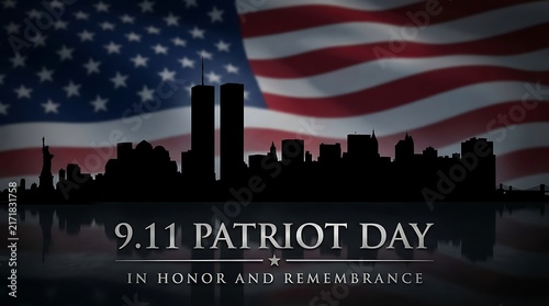 Patriot Day 9.11 remembrance graphic featuring New York City skyline silhouette against American flag and Twin Towers.