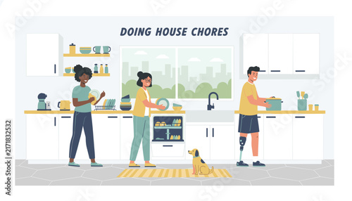 Group of diverse young roommates doing house chores together and keeping their kitchen clean and organized.