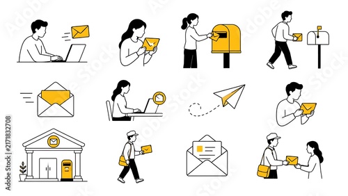 Minimalist, black-and-white characters with yellow mail, email, mailbox, letter, send, receive, post office and envelope  on white background