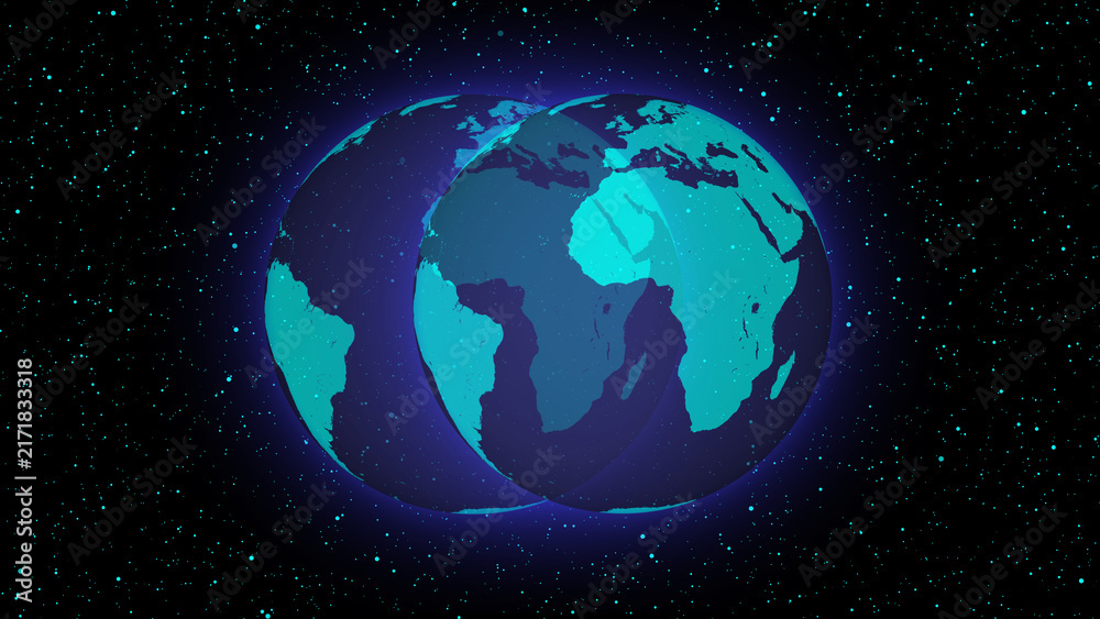 Fototapeta premium Two Interlocking Cyan Earth Globes in Starry Space image