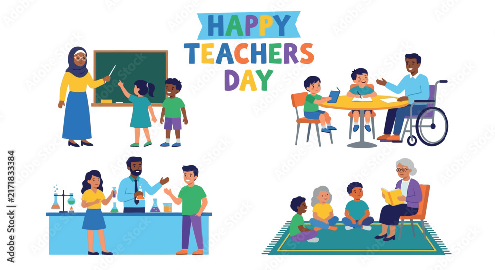 Fototapeta premium Diverse teachers and students in classroom scenes a vector illustration