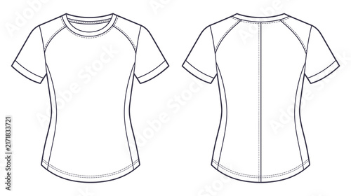 Womens activewear raglan t shirt template in front and back view.
