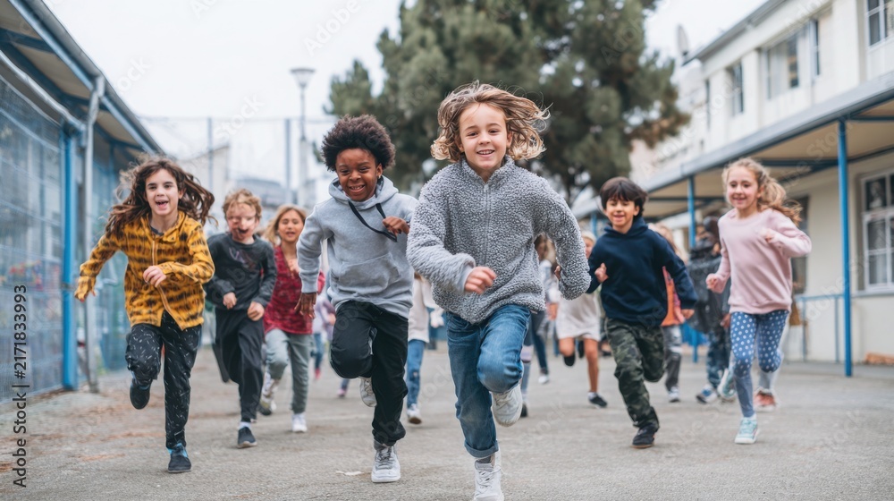 Obraz premium Schoolchildren sprint joyfully toward the camera along an open school corridor during outdoor playtime on a crisp school day afternoon.