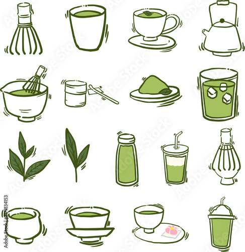 Japanese Matcha Green Tea doodle with Bamboo Whisk Chasen Bowl Leaves and Drinks for Traditional Japanese ,Tea Ceremony and Matcha Cafe concept.