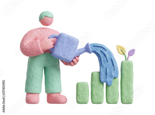 3D claymorphism character watering a green bar chart plant with a blue watering can, business growth and investment concept, isolated on transparent background