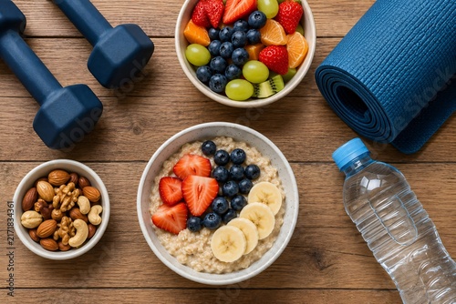 Healthy breakfast with oatmeal, fresh berries, fruits and nuts on wooden table with dumbbells, water bottle and yoga mat. Sport nutrition and fitness diet concept for active lifestyle and wellness