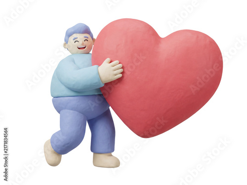 3D claymorphism smiling character holding a giant red heart, love and care concept, isolated on transparent background