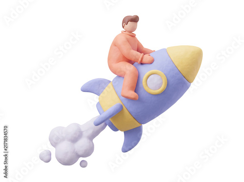 3D claymorphism character riding a flying rocket with smoke, business startup and fast growth concept, isolated on transparent background