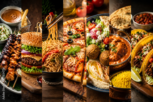 International Fast Food Collection Featuring Grilled Skewers Burgers Pasta Pizza Tacos and Diverse Global Cuisine Selection