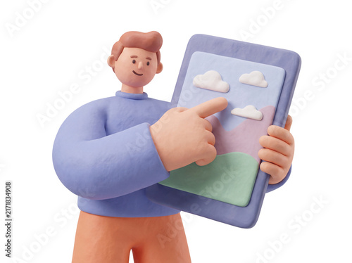 3D illustration of a claymorphism character pointing at a tablet screen with a landscape picture, digital gallery and presentation concept, isolated
