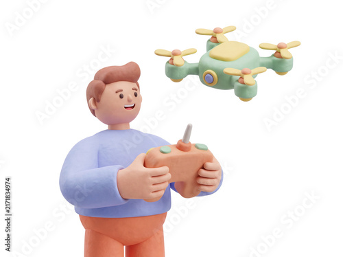3D illustration of a claymorphism character flying a drone with a remote control, aerial technology and piloting concept, isolated