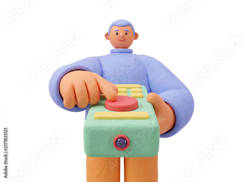 3D claymorphism cartoon man pressing a red button on a remote control, technology and control concept, transparent background