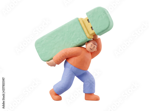 3D claymorphism cartoon man carrying a giant USB flash drive, data storage and file transfer concept, transparent background