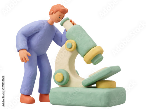 3D claymorphism cartoon man looking through a microscope, science and research concept, transparent background
