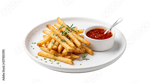 Crispy golden french fries with rosemary herbs, potato chips on white plate with spicy tomato sauce, gourmet fast food appetizer isolated PNG with Transparent Background