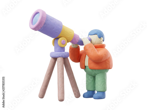 3D claymorphism cartoon man looking through a telescope, business vision and discovery concept, transparent background