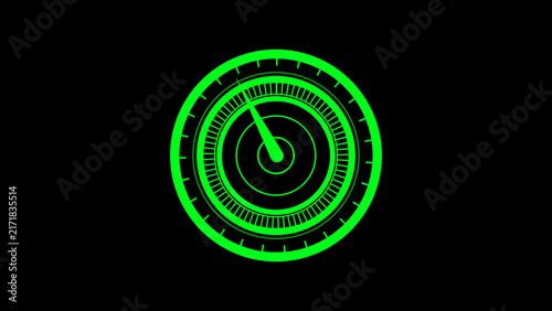 Futuristic green circular gauge with needle on black background meter dial