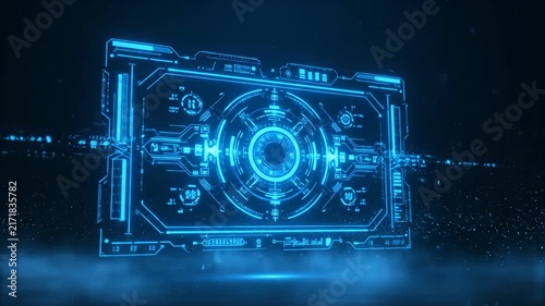 A dynamic animation of a futuristic digital interface with glowing blue circuits and data streams, suggesting advanced technology and science fiction concepts.