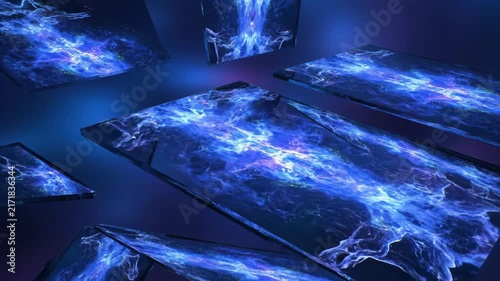 Abstract geometric shapes float in space, filled with swirling blue energy and light particles, suggesting digital data streams and futuristic technology.