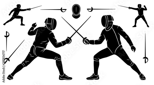Fotografía Fencing championship black silhouette vector with two sword fighting athletes an