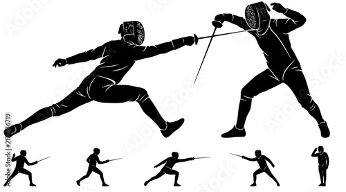 Cuadro en lienzo Fencing championship black silhouette vector with two sword fighting athletes an