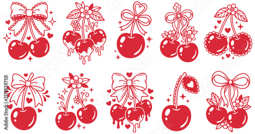 Decorative cherry vector illustration collection featuring vibrant red ribbons bows hearts and charming flower bloom accents