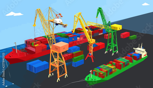 Container ships loading at an industrial sea port.