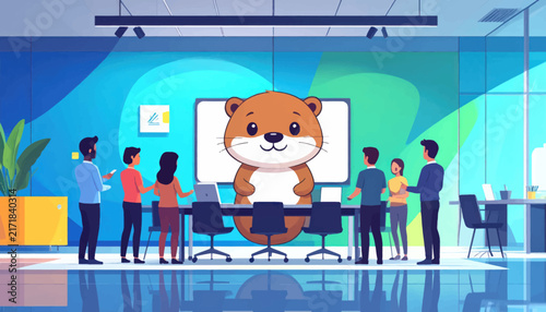 Business team meeting in modern office with mascot screen.