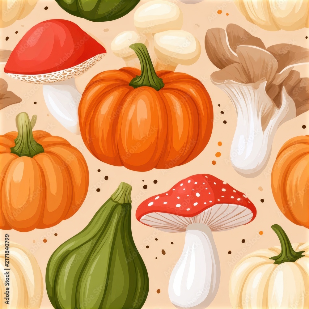 Seamless repeating pattern illustration with autumn pumpkins, gourds and mushrooms
