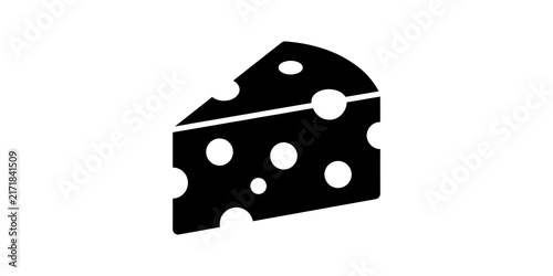 Black cheese wedge flat icon with swiss holes on transparent background.