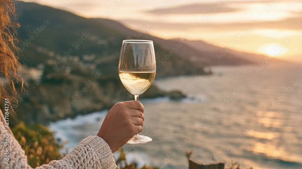 Fototapeta premium Woman Hand Holding White Wine Glass Over Scenic Ocean Coast Sunset View Summer Evening Landscape.