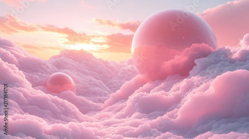 Surreal Scene of Pink Clouds and Large Spheres in Sky with Sunset Light