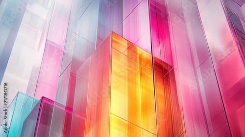 Abstract modern glass buildings with vibrant colors and reflective surfaces in an urban cityscape